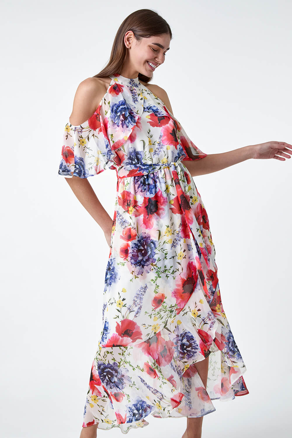Dotted Georgette Halterneck Dress Poppy