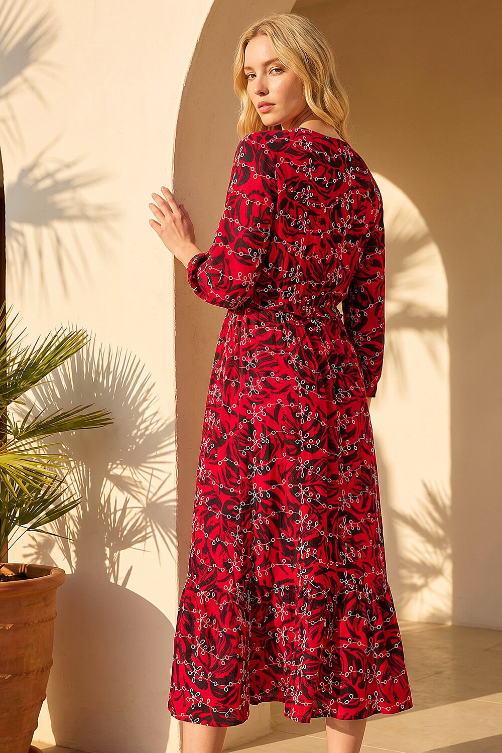 Red Embroidered Leaf Midi Dress, Image 4 of 4
