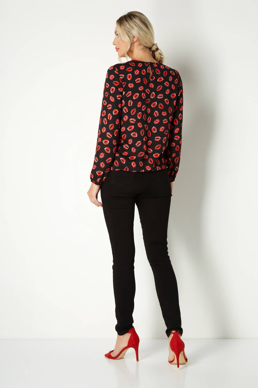 Black Lip Print Tie Front Top, Image 4 of 4