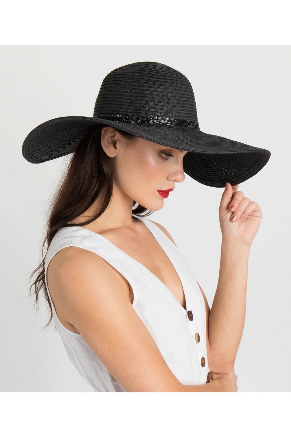 Black Romero - Rhinestone Belt Straw Floppy Hat - Black, Image 1 of 2