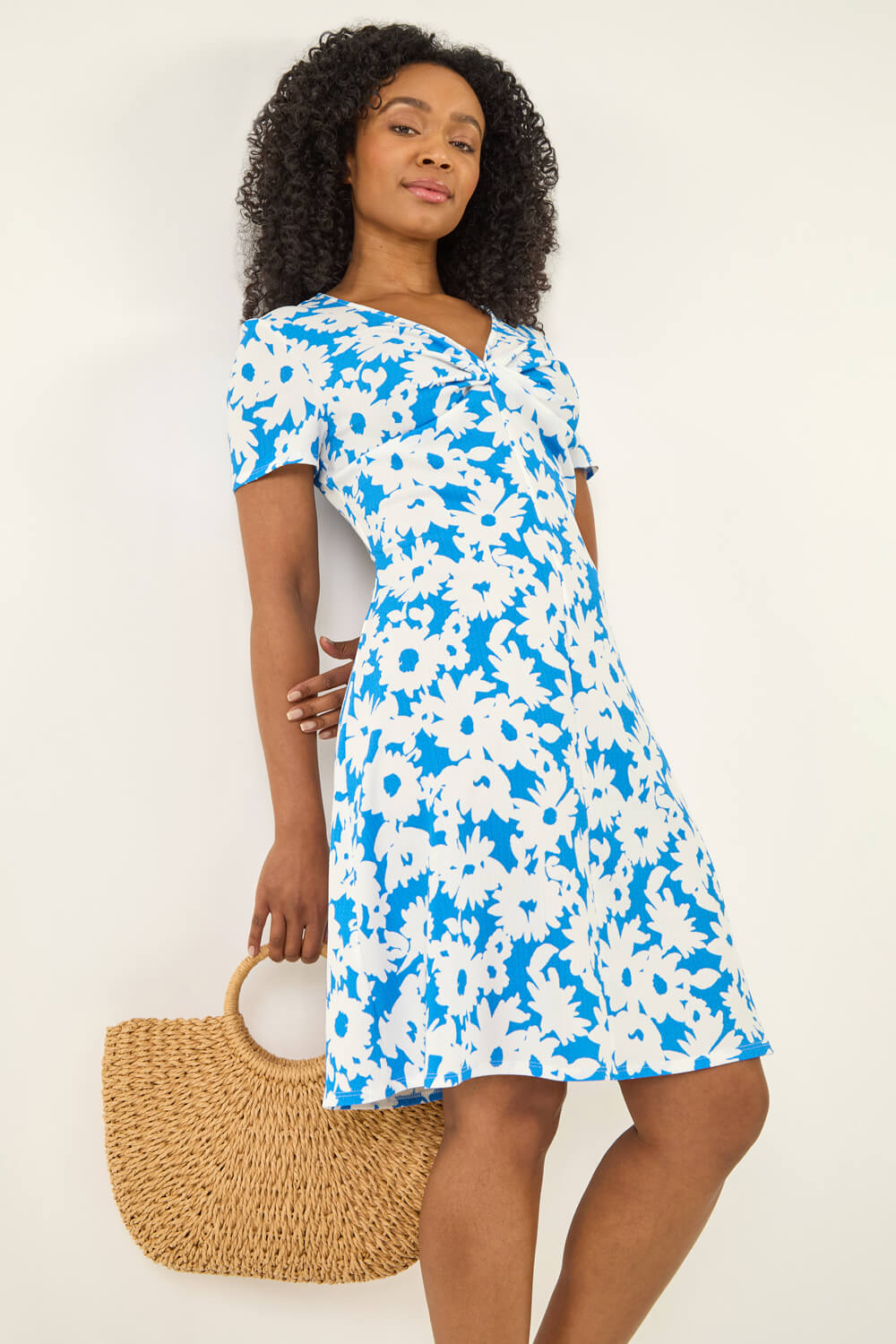 Blue Petite Floral Twist Front Dress | Roman UK Blue Petite Floral Twist Front Dress | Roman UK