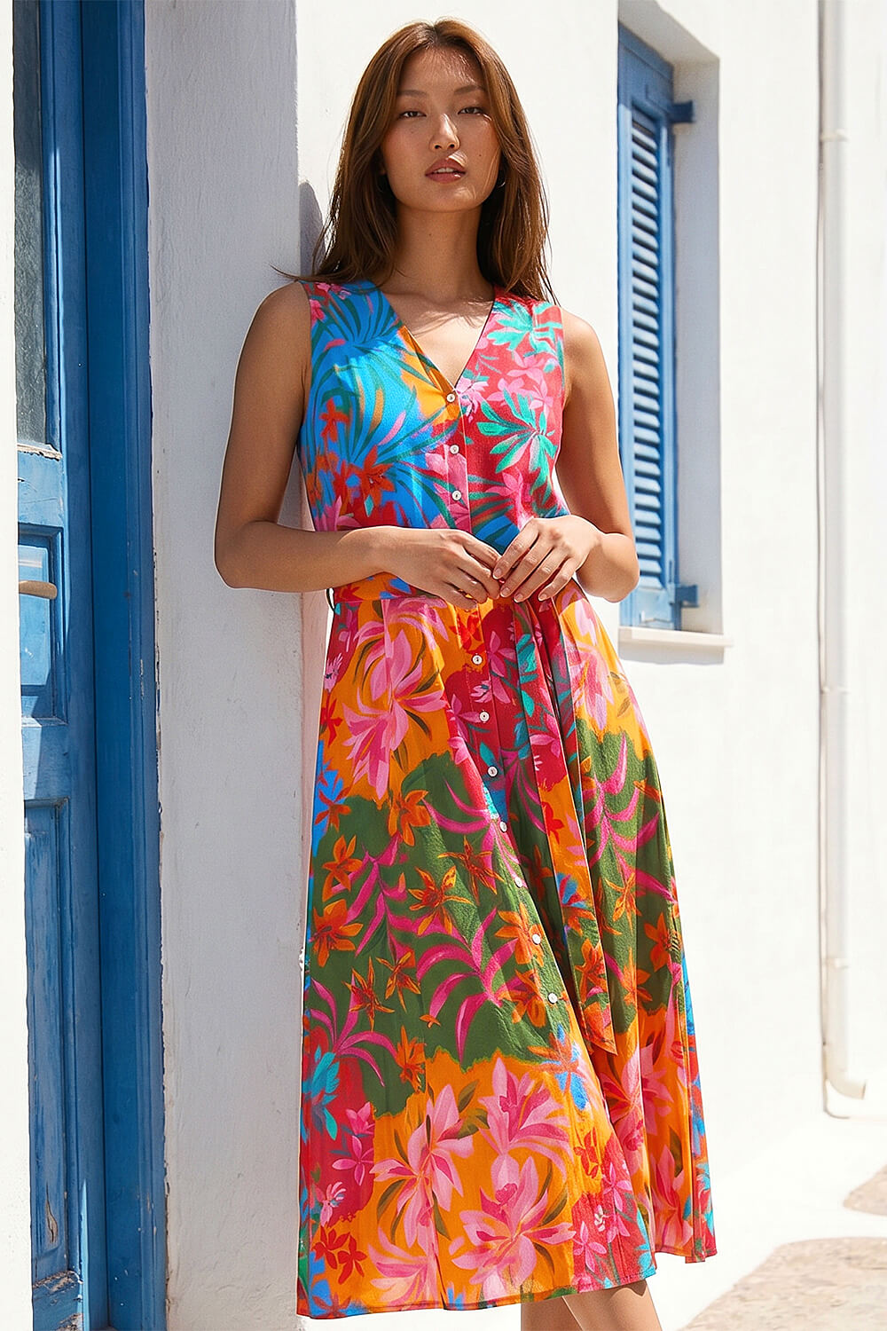 Roman Women's Orange Tropical Print Button Down Midi Dress Size 18
