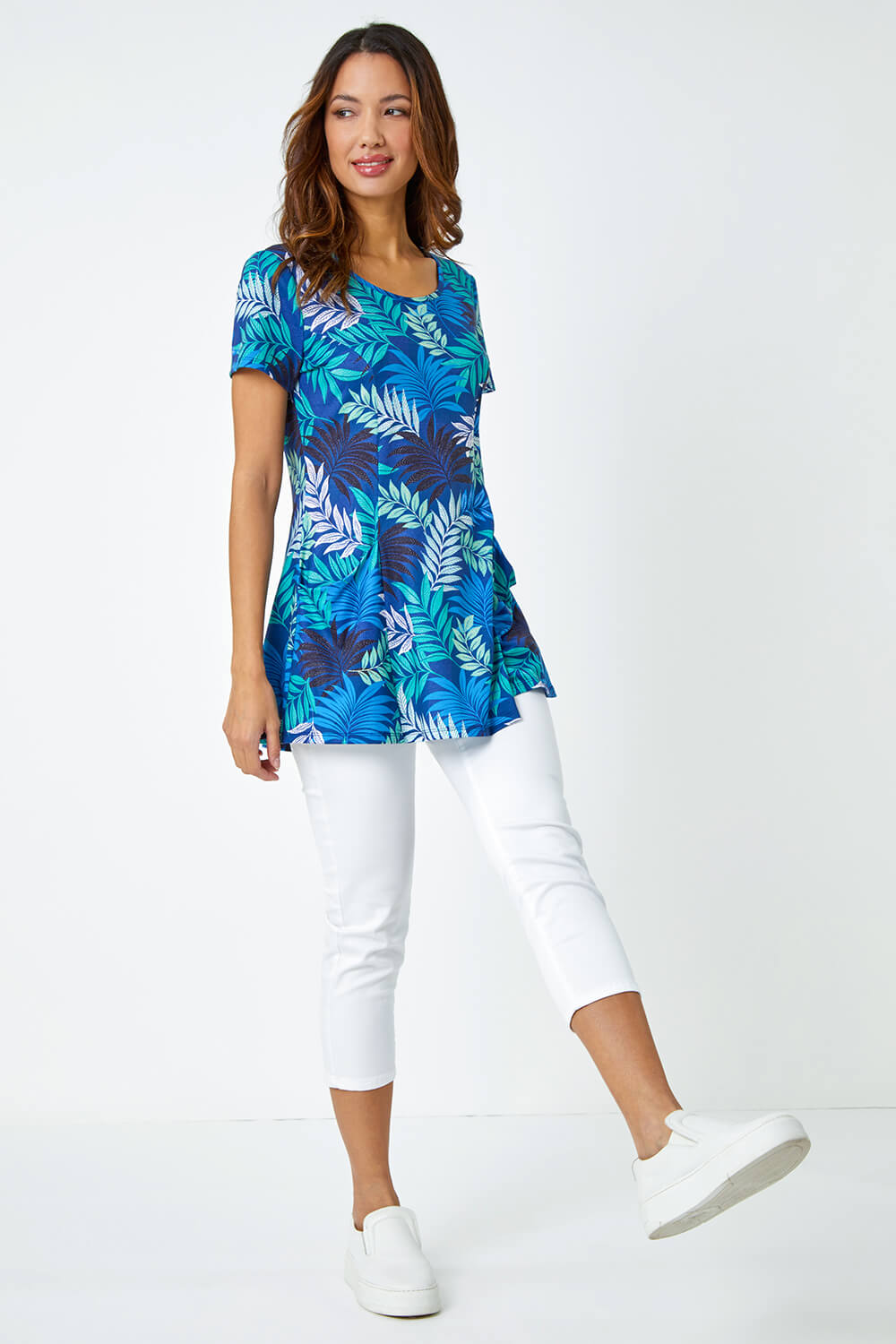 Blue Palm Print Pocket Stretch Tunic Top, Image 3 of 5
