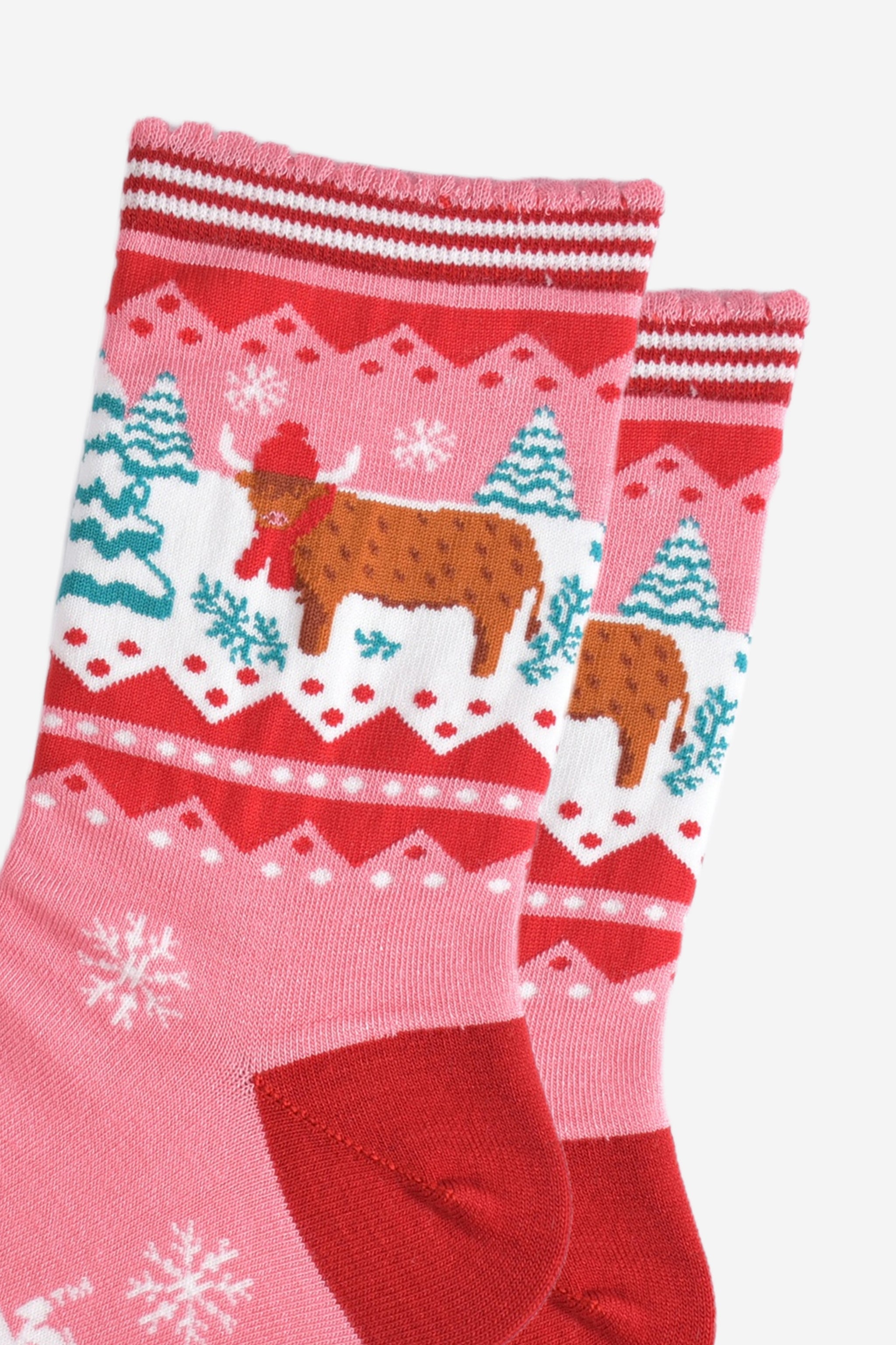 Pink Highland Cow Christmas Bamboo Socks, Image 3 of 5