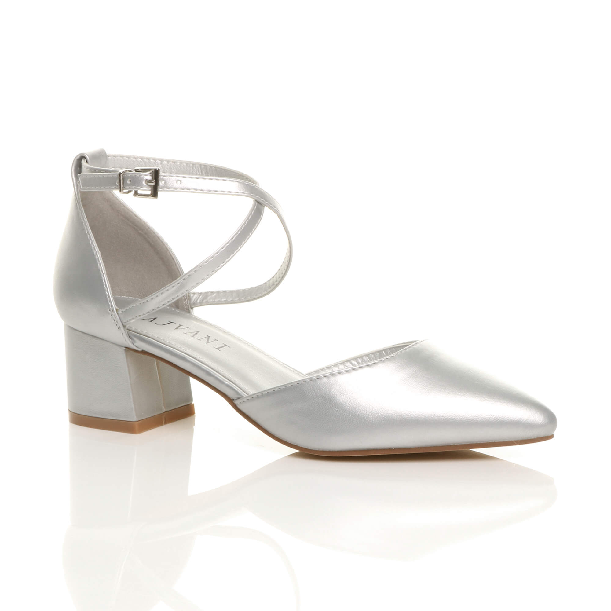 Silver AJVANI Silver Mid Block Heel Crossed Strap Pointed Toe 2 Part Heels, Image 1 of 6
