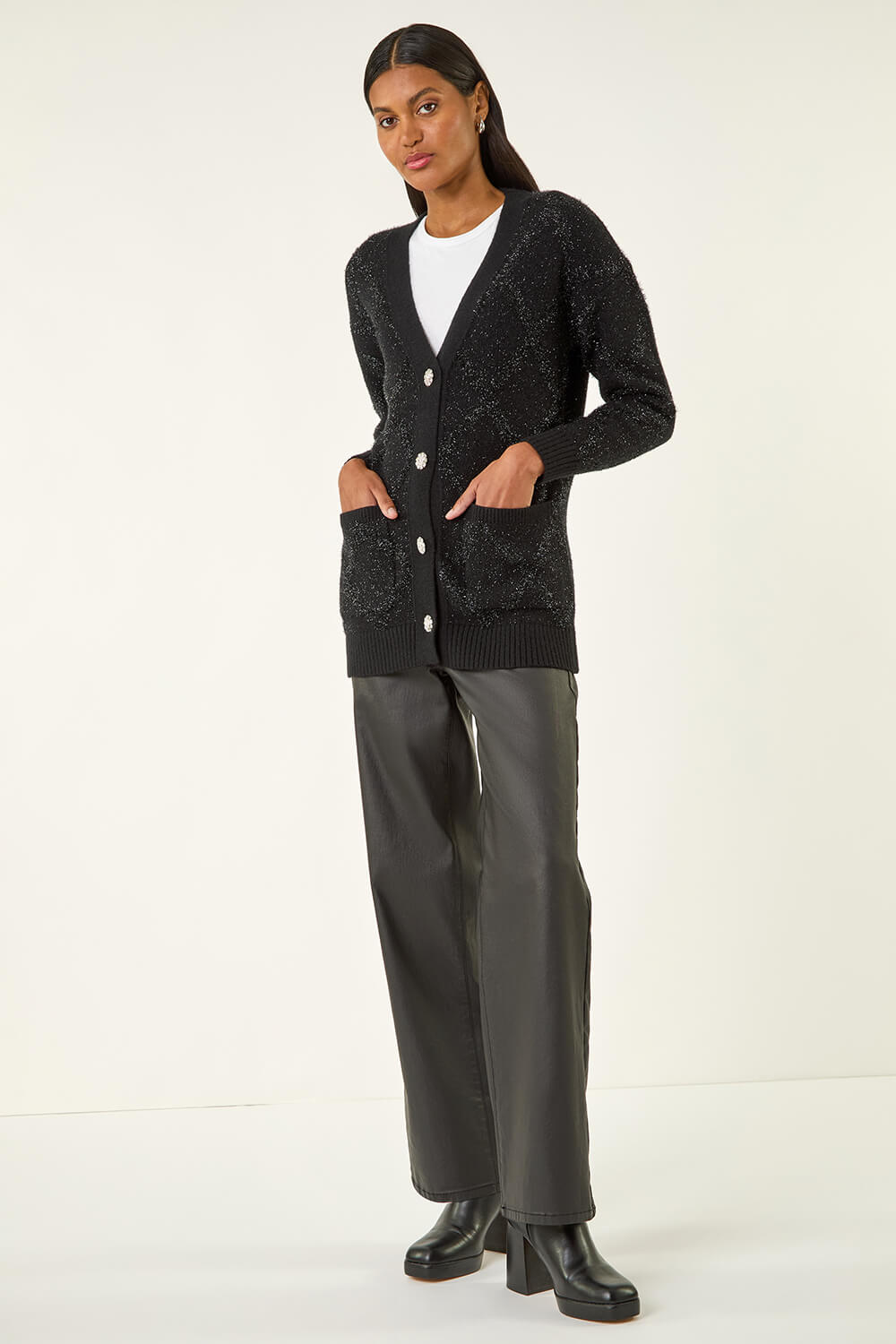 Black Longline Tinsel Knit Cardigan, Image 3 of 5