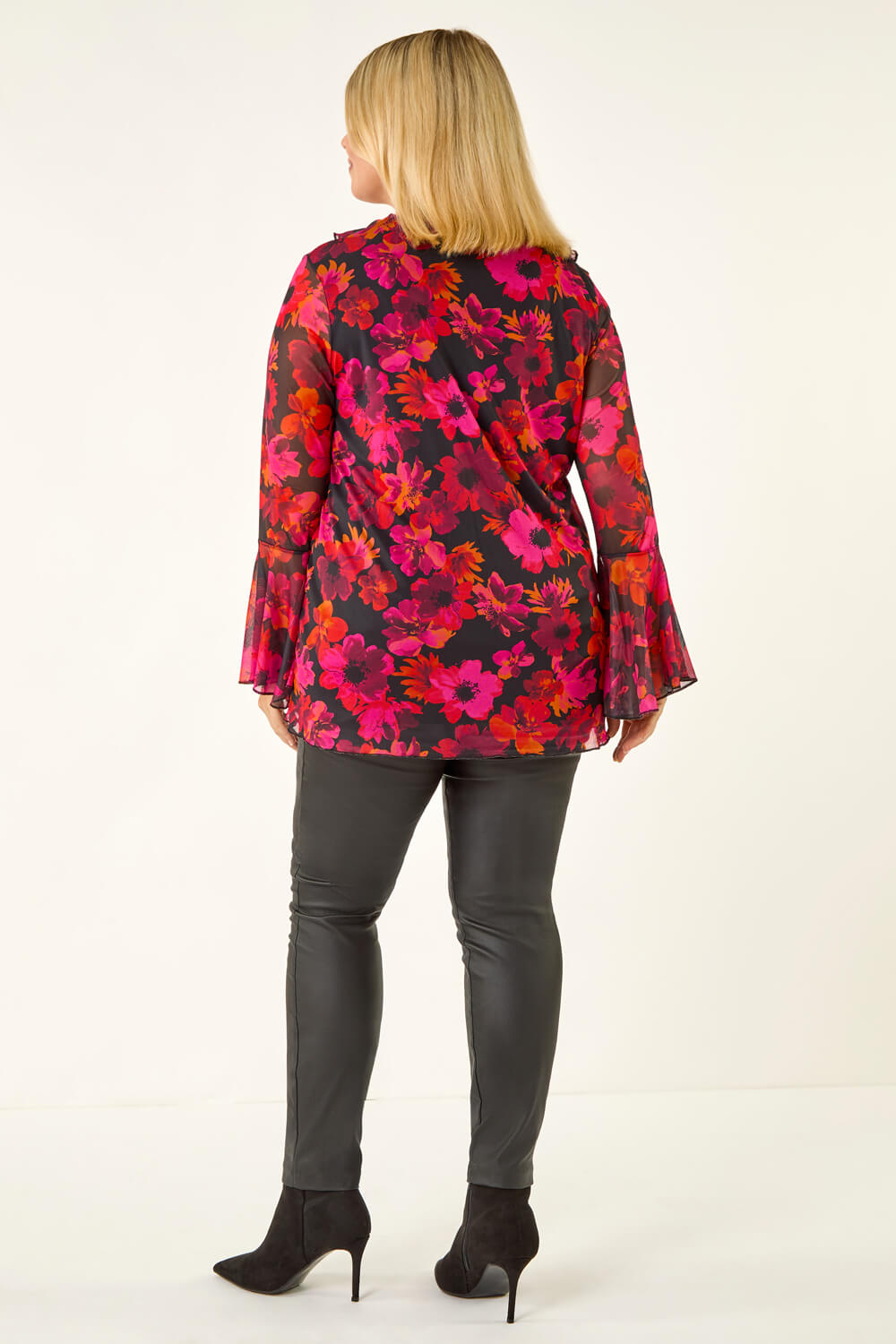 MAGENTA Curve Floral Ruffle Mesh Top, Image 5 of 5
