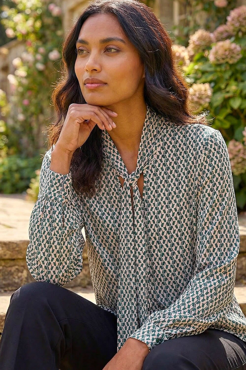 Green Geo Print Tie Front Tunic Top, Image 3 of 4