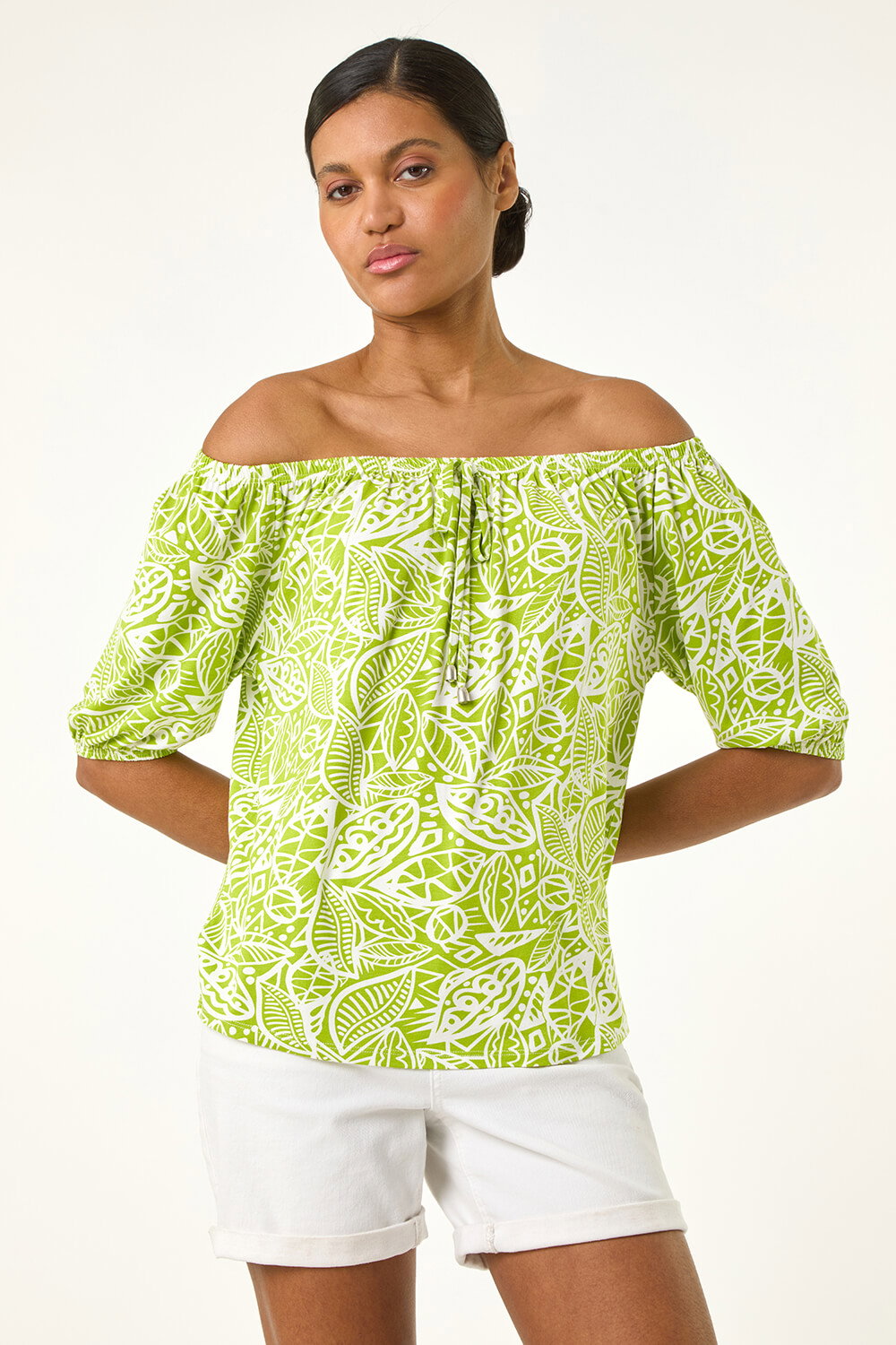 Green Floral Print Bardot Stretch Top, Image 5 of 5