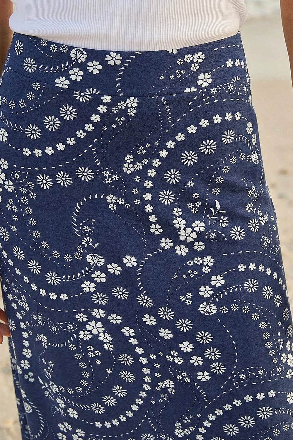 Navy Paisley Daisy Print Stretch Skirt, Image 5 of 4