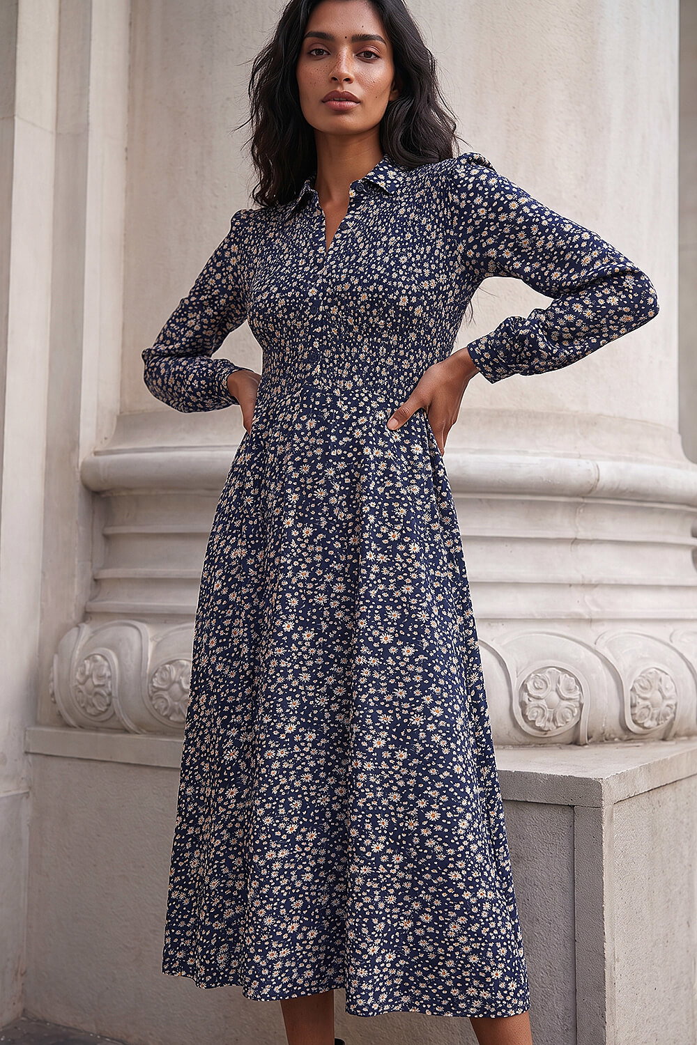 Roman Women's Navy Ditsy Floral Print Shirred Midi Dress Size 12