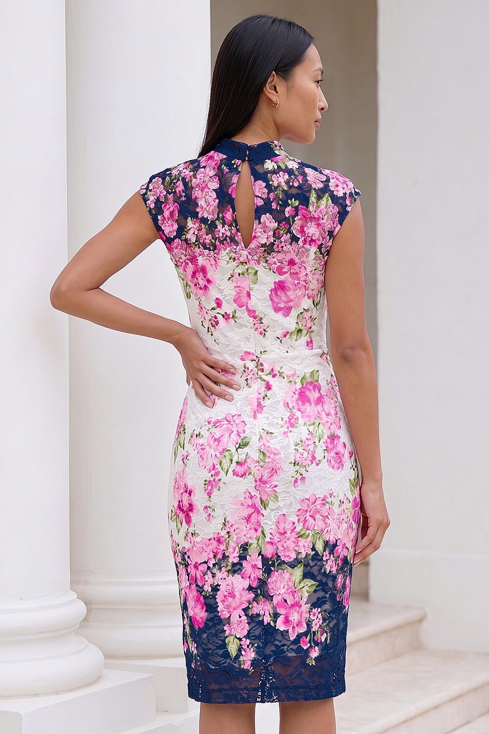 Pink Floral Lace Twist Neck Keyhole Dress, Image 3 of 4