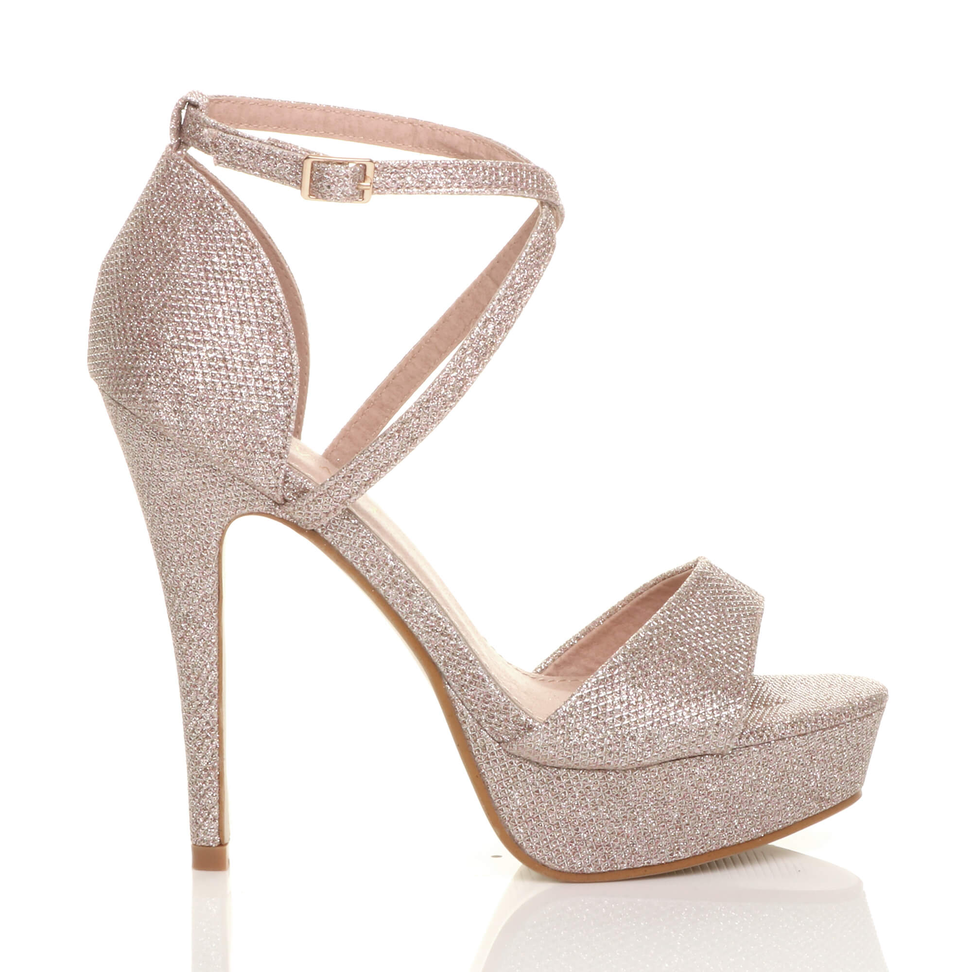 Rose Gold High Heel Crossed Straps Platform Sandals, Image 2 of 6