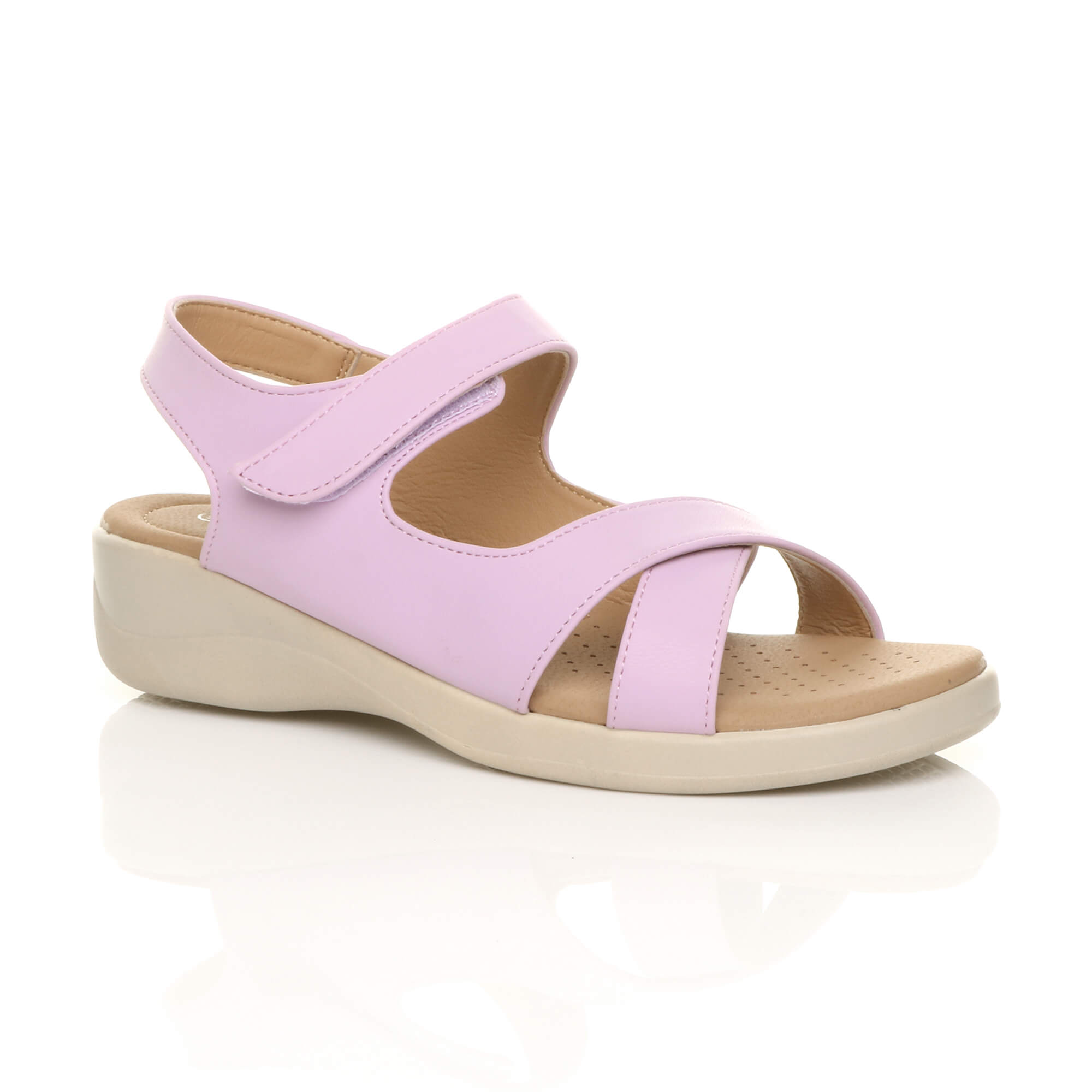 Purple Low Wedge Heel Strappy Comfort Touch Close Sandals