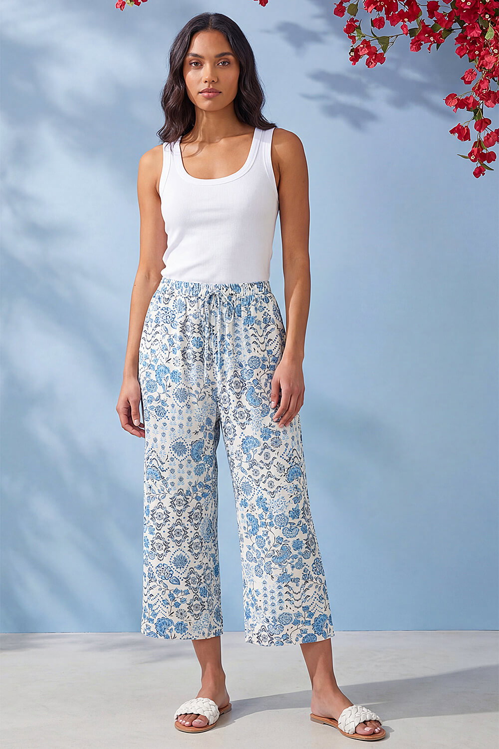 Blue Petite Printed Cropped Trousers, Image 1 of 4