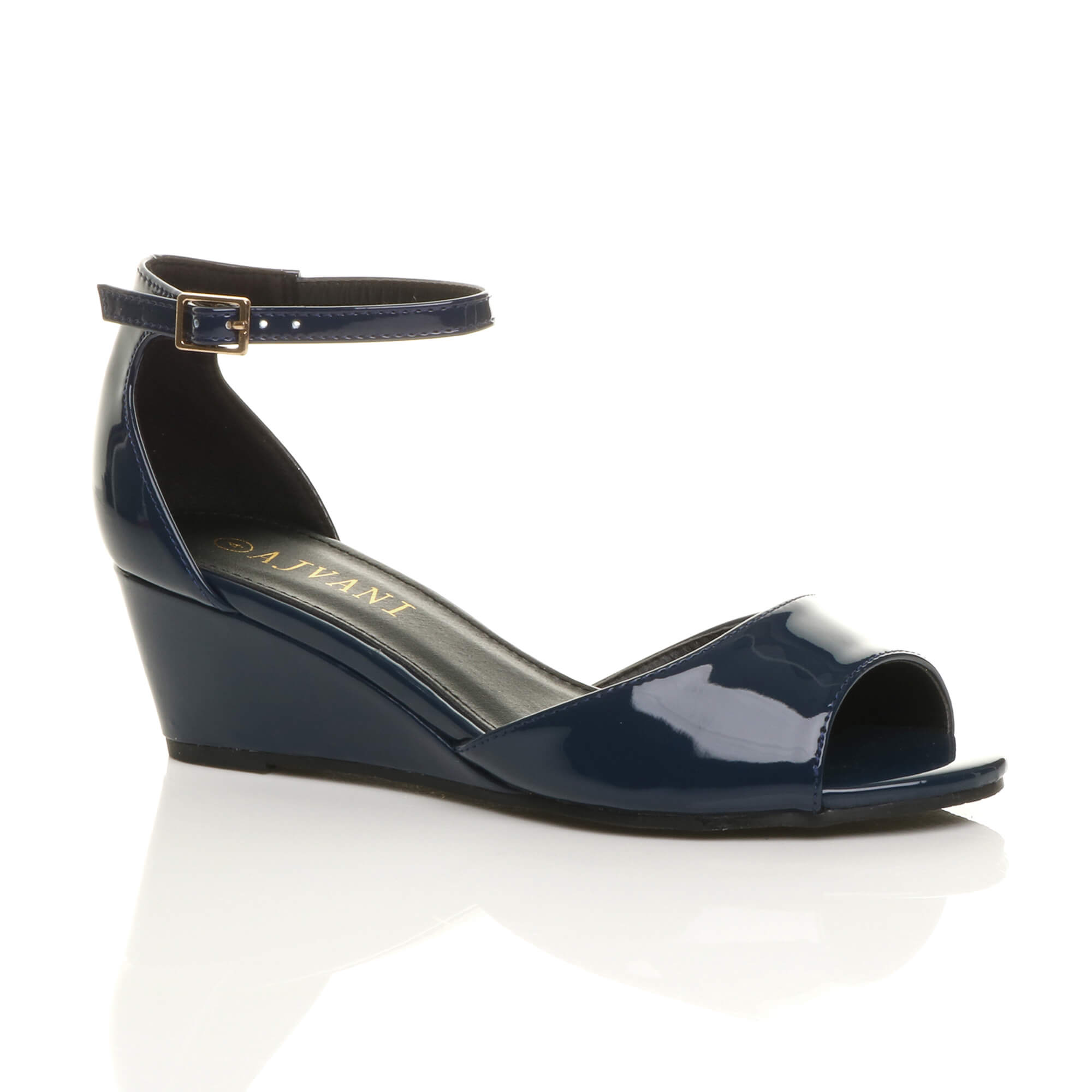 Navy Blue AJVANI Navy Blue Mid Wedge Heel Ankle Strap Sandals, Image 1 of 5