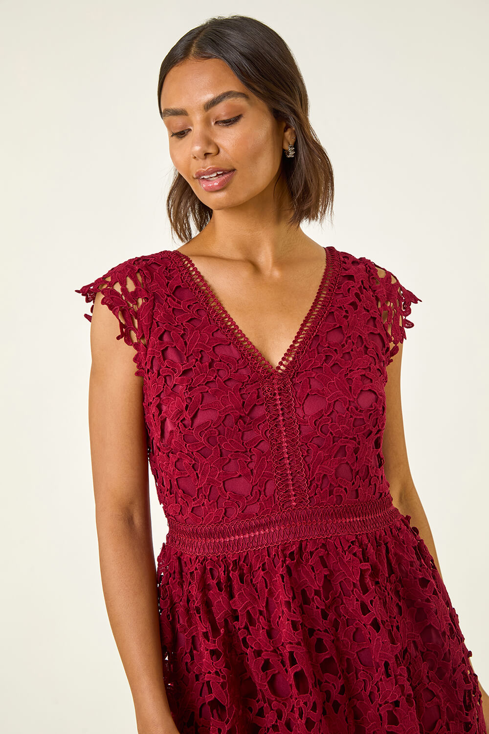 burgundy flowy prom dress Rosaria Burgundy Lace Bandeau Midi Dress With Scarf-Detail  Club L London