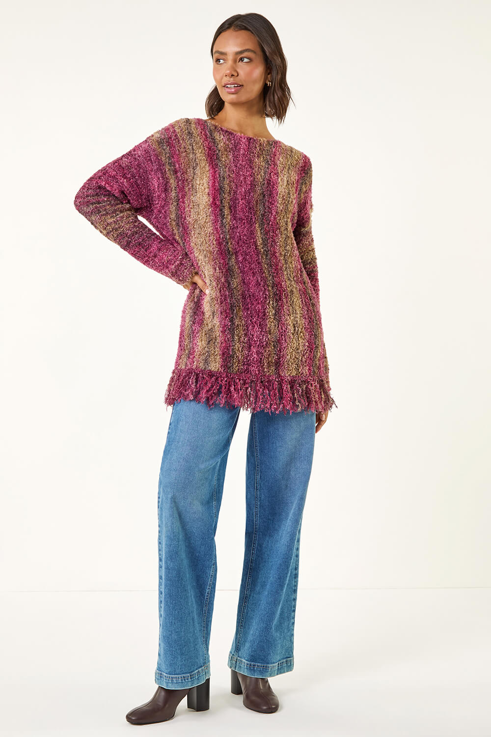 Maroon Fluffy Tassel Hem Knit Jumper , Image 3 of 5