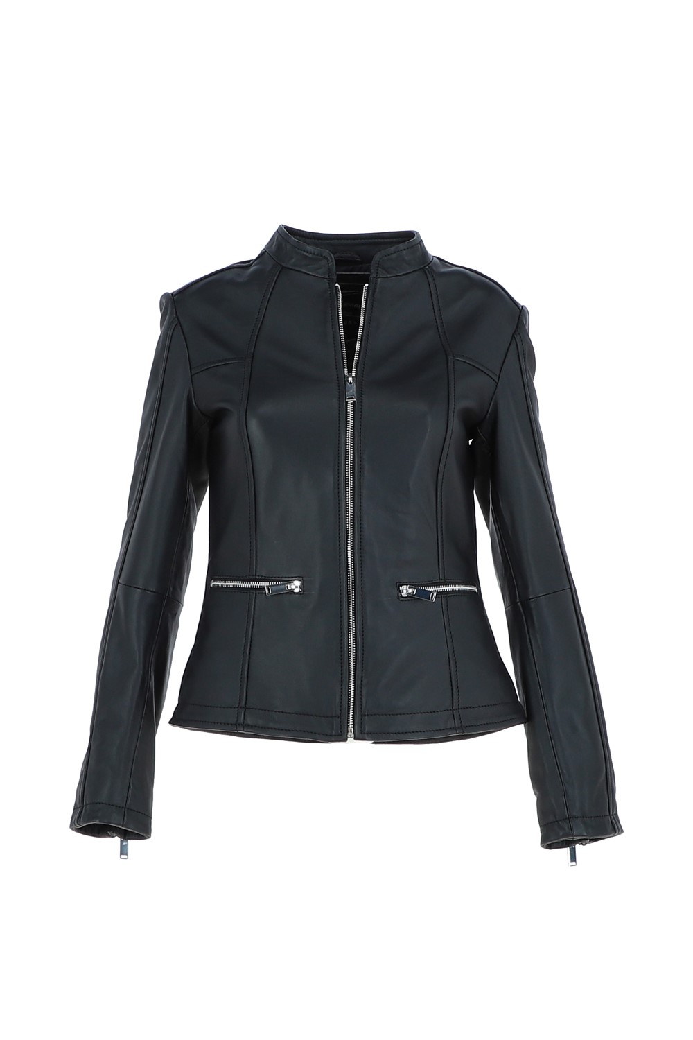 Black 'Chiara' Mandarin Collar Real Leather Biker Jacket, Image 2 of 5