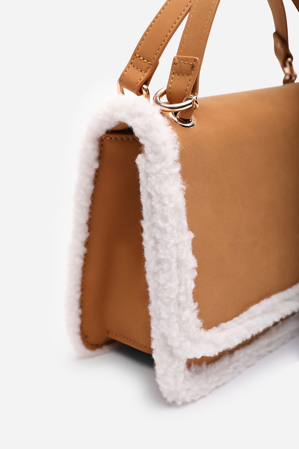 Tan Freesia Top Handle Satchel Borg Trim Tote Bag, Image 5 of 8