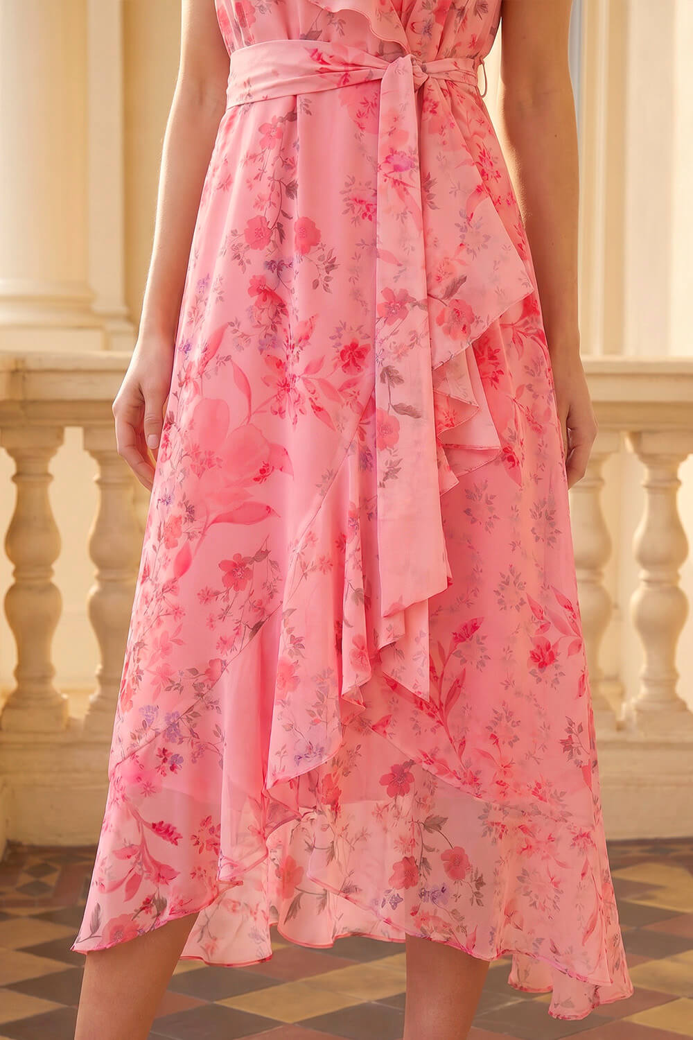 Coral Petite Floral Frill Midi Dress, Image 5 of 4