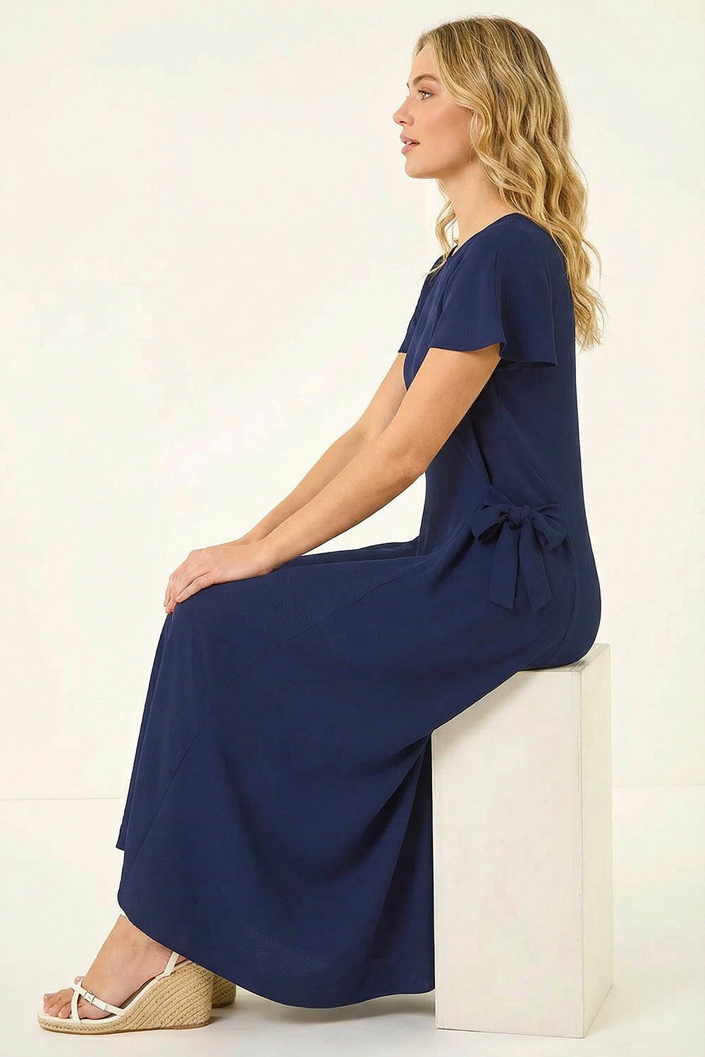 Navy  Side Tie Detail Midi Dress, Image 4 of 6