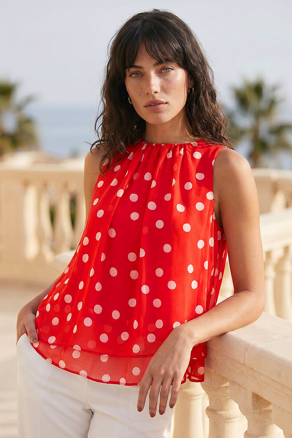 Red Spot Print Double Layered Pleated Top | Roman UK