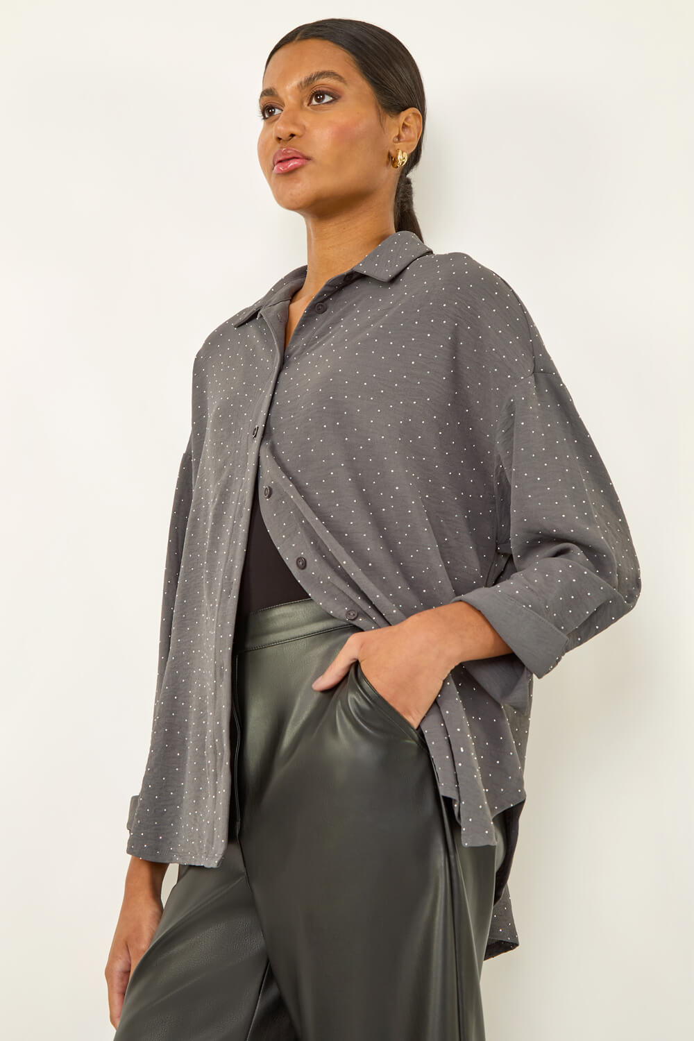 Dark Grey Hotfix Collared Longline Shirt, Image 5 of 5