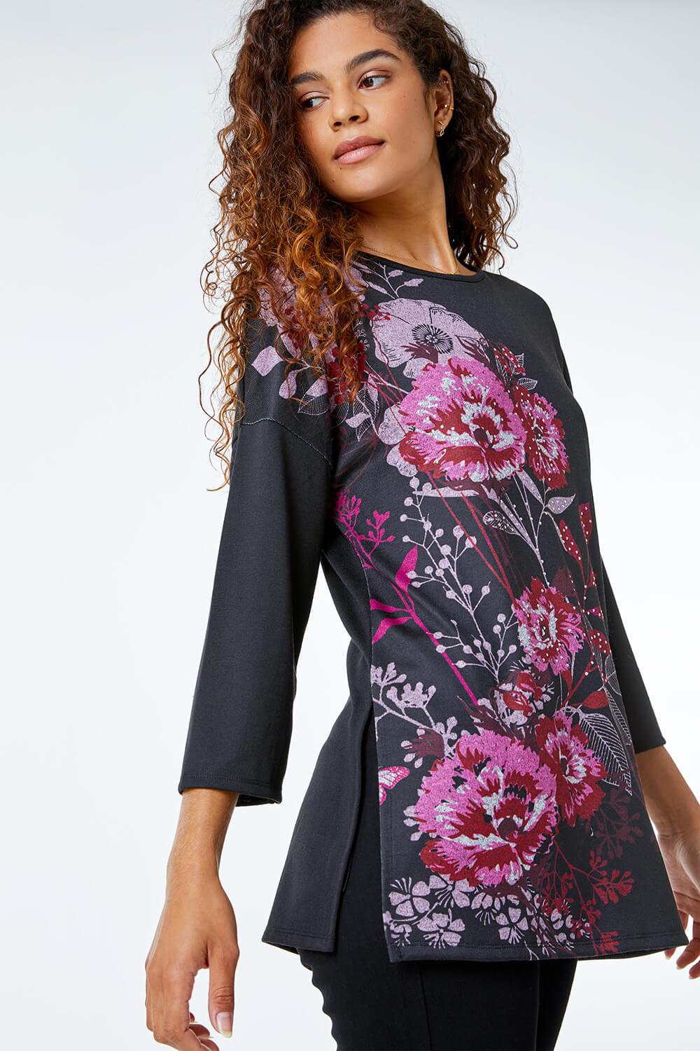 Black Floral Embellished Tunic Top , Image 1 of 5