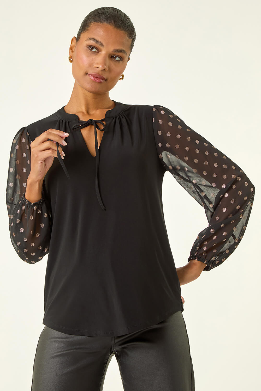 Black Chiffon Foil Spot Top, Image 5 of 5
