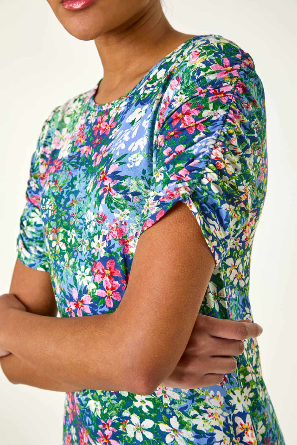 Green Ditsy Floral Print Stretch Short Dress, Image 6 of 5