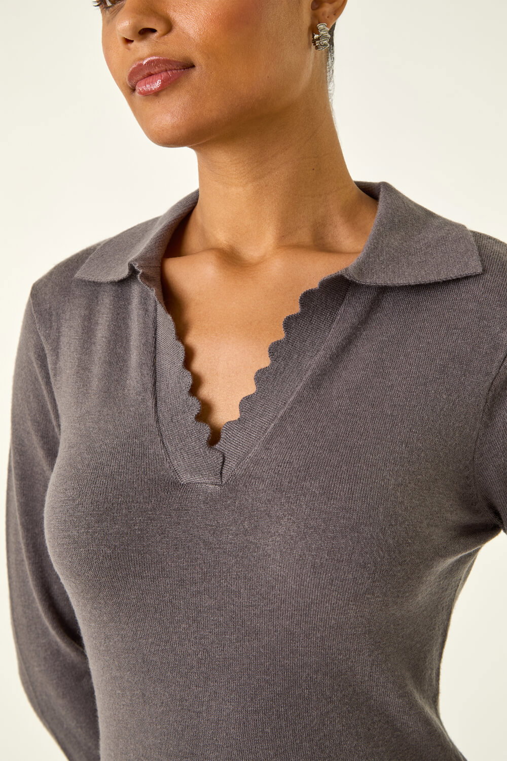Dark Grey Scallop Detail Knitted Midi Dress, Image 6 of 5