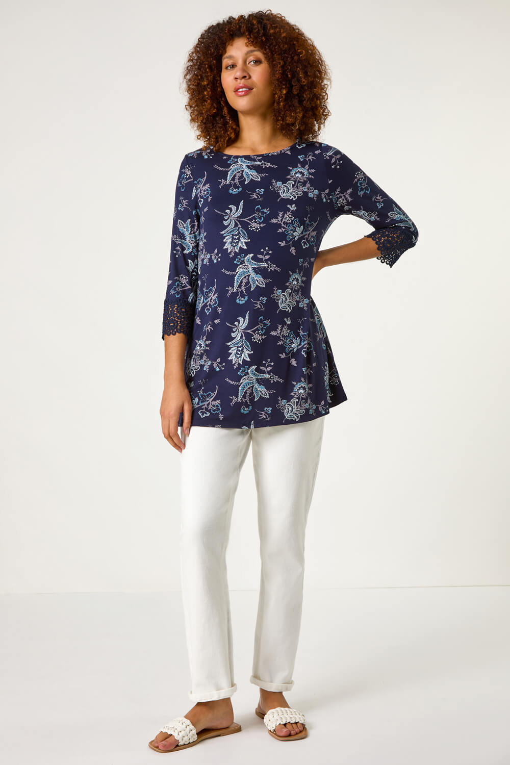 Navy Floral Lace Cuff Stretch Top, Image 3 of 5