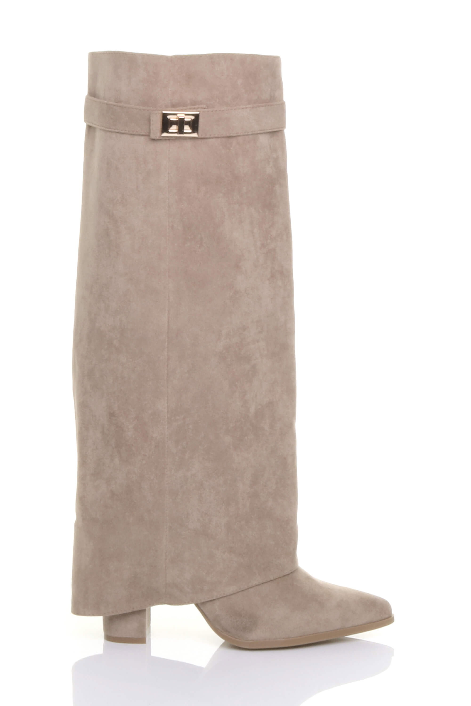 Black High Block Heel Pointed Toe Fold Over Knee Boots