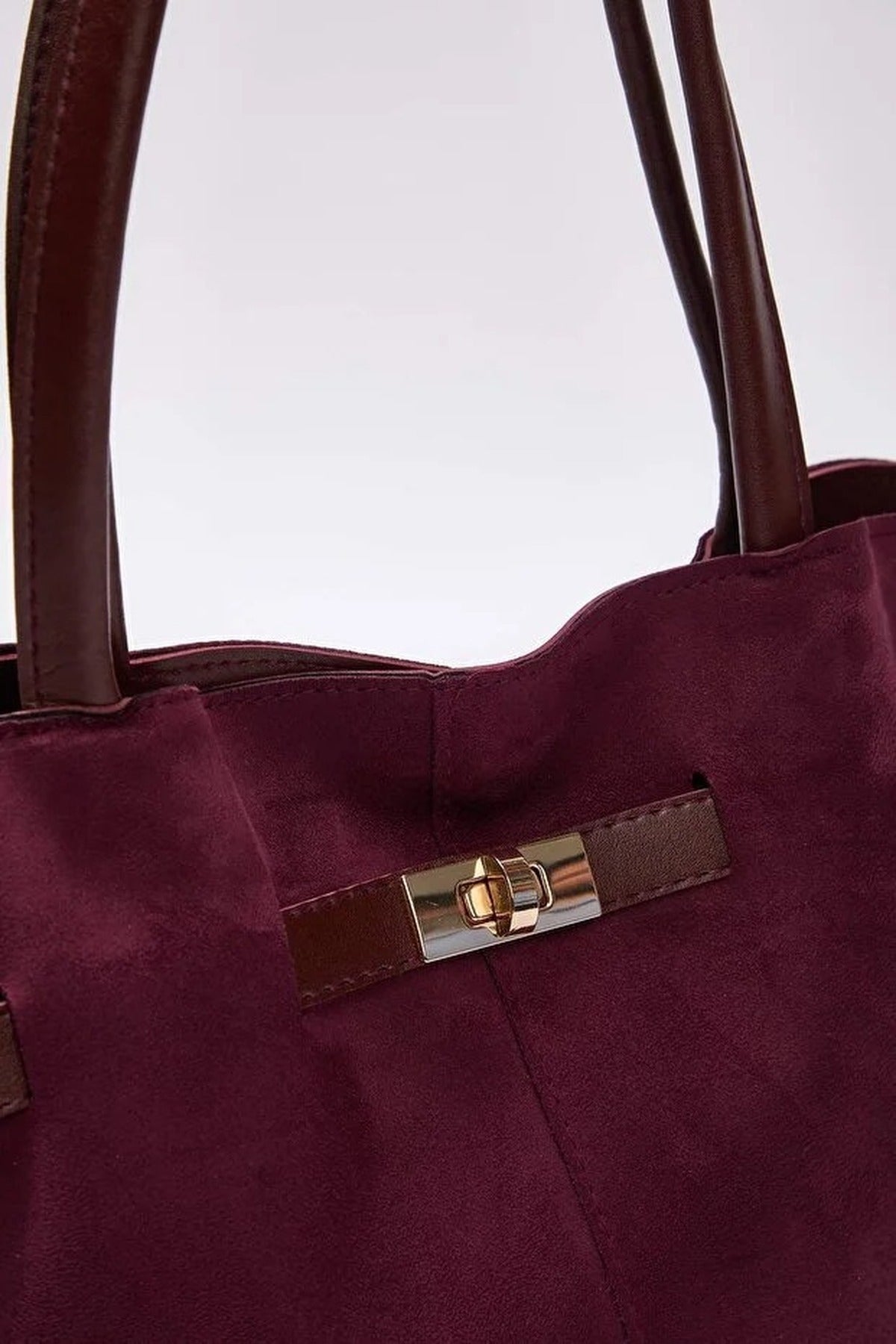 Plum Suede Tote With Soft Handle And Cross-Body Strap, Image 2 of 4