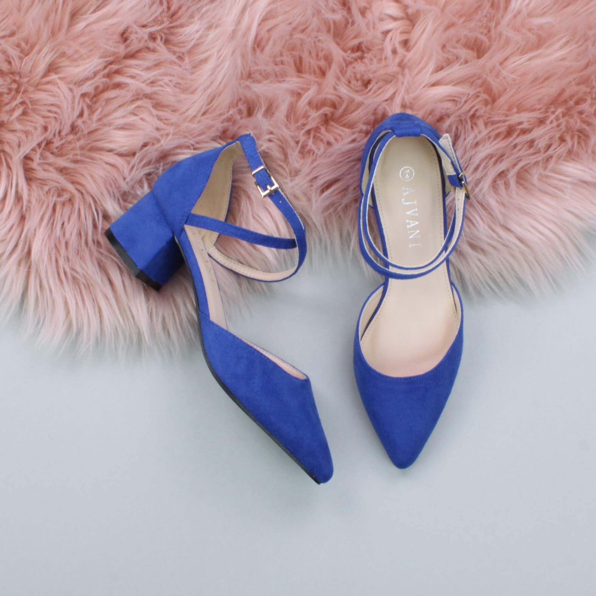 Royal Blue AJVANI Royal Blue Mid Block Heel Crossed Strap Pointed Toe 2 Part Heels, Image 4 of 6