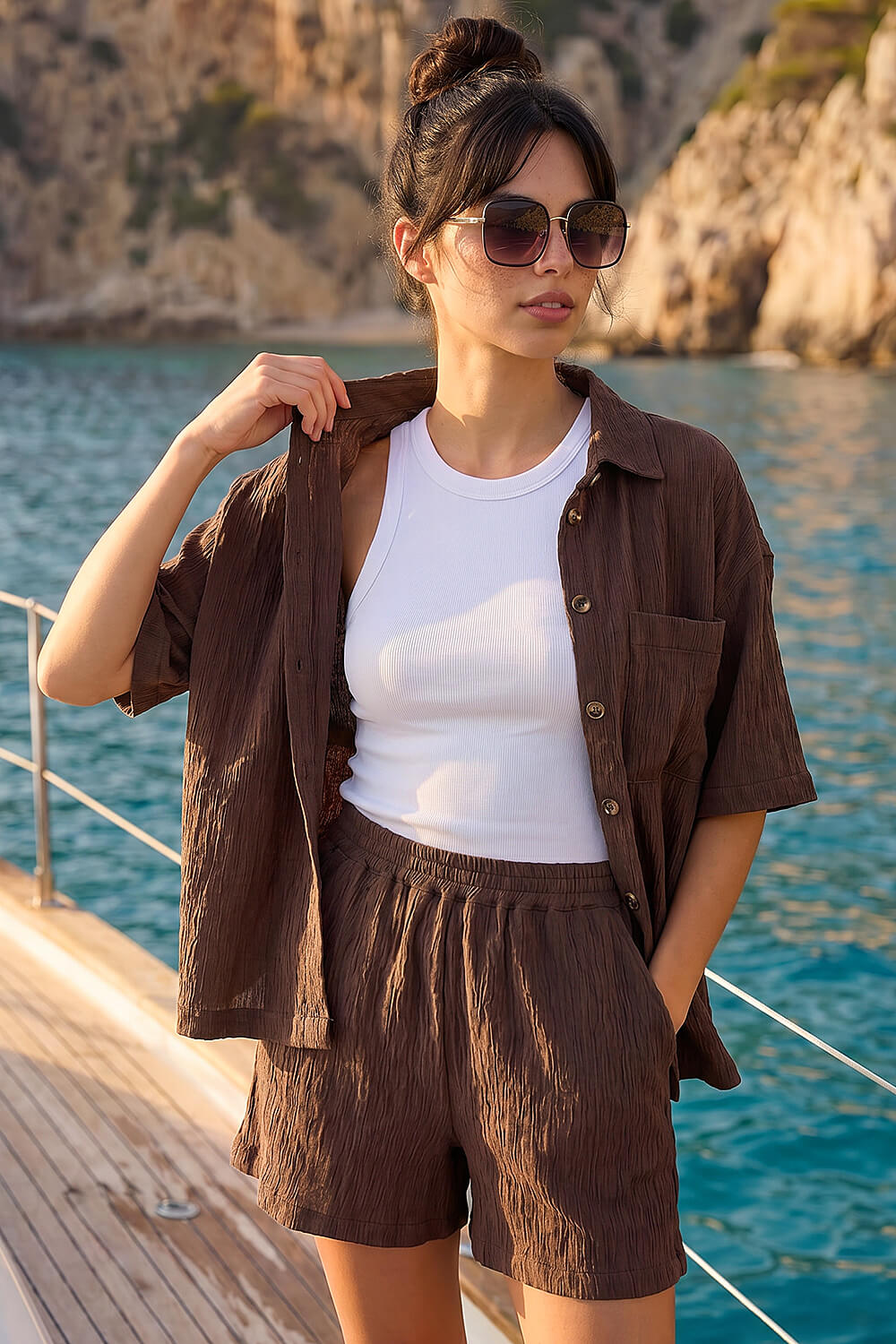 Brown Dusk Textured Button Up Blouse, Image 4 of 5