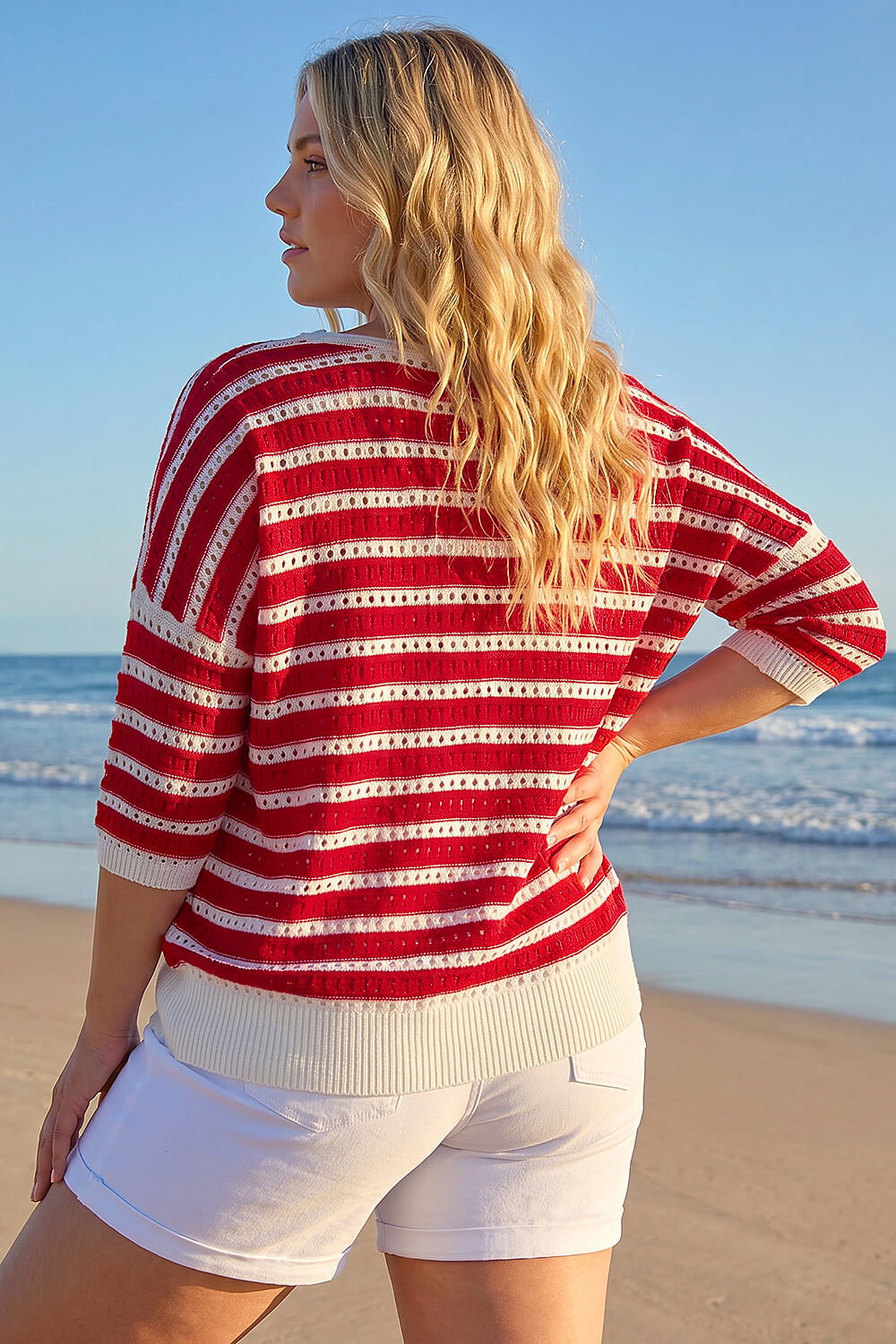 Red Curve Crochet Stripe Knit Top, Image 4 of 4