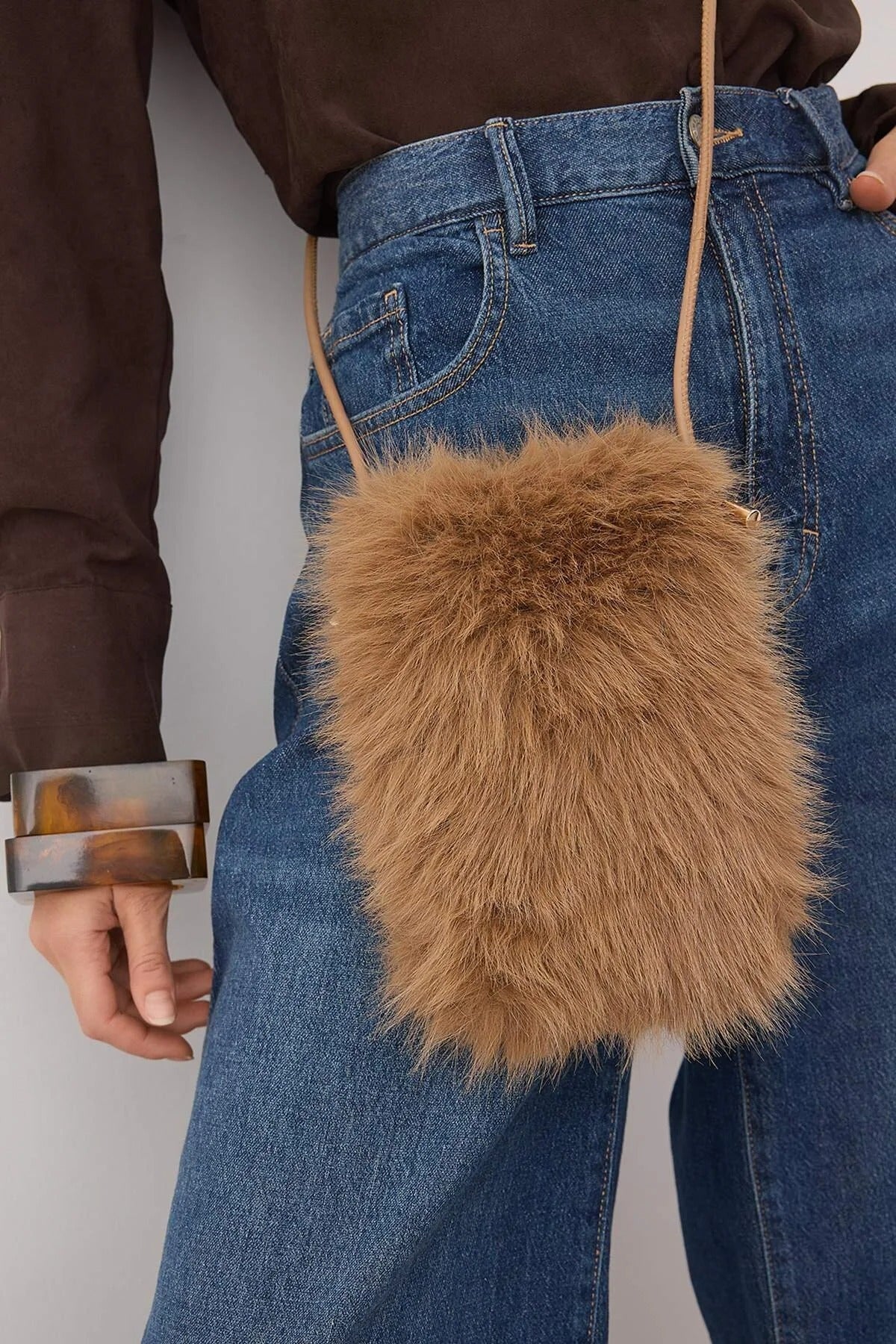 Camel Faux Fur Crossbody Shoulder Bag with Phone Pocket, Image 1 of 4