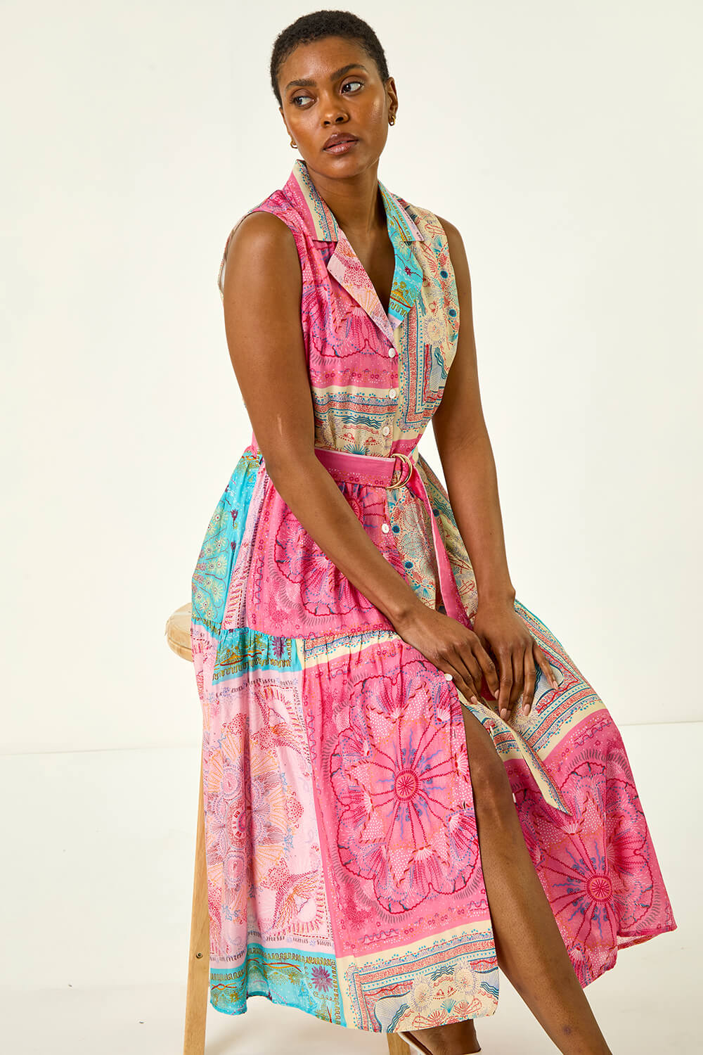 Pink Patchwork Belted Shirt Dress, Image 1 of 5