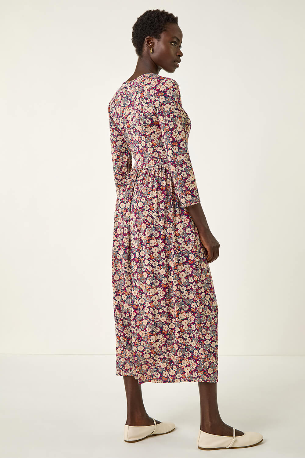 Stone Multi Floral Gathered Midi Dress, Image 4 of 5