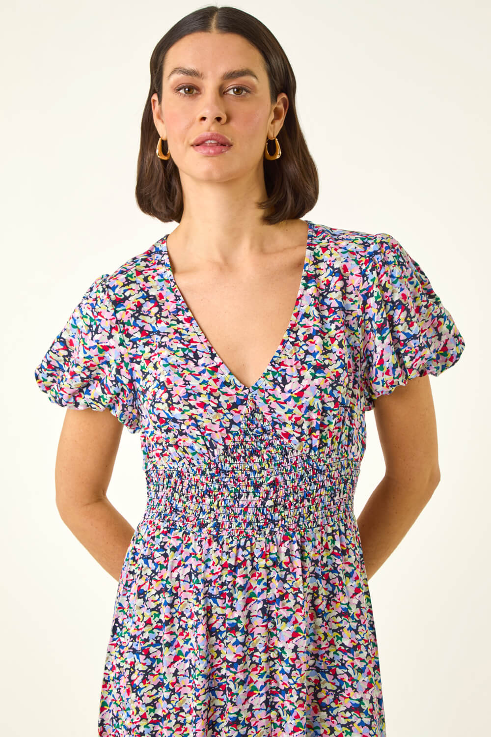 PINK Abstract Print Shirred Midi Dress, Image 5 of 5