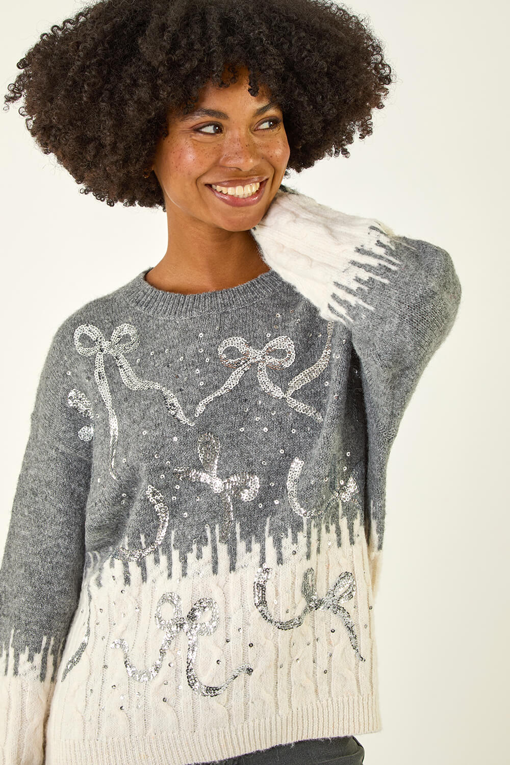 Grey Jacquard Bow Knit Jumper, Image 5 of 5