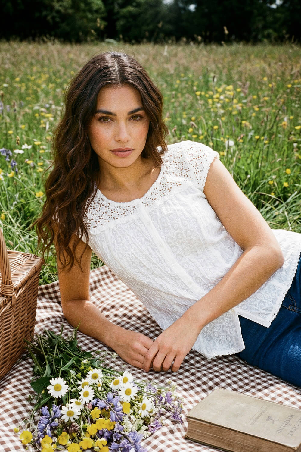 White Lace Yoke Cap Sleeve Crinkle Blouse, Image 1 of 6