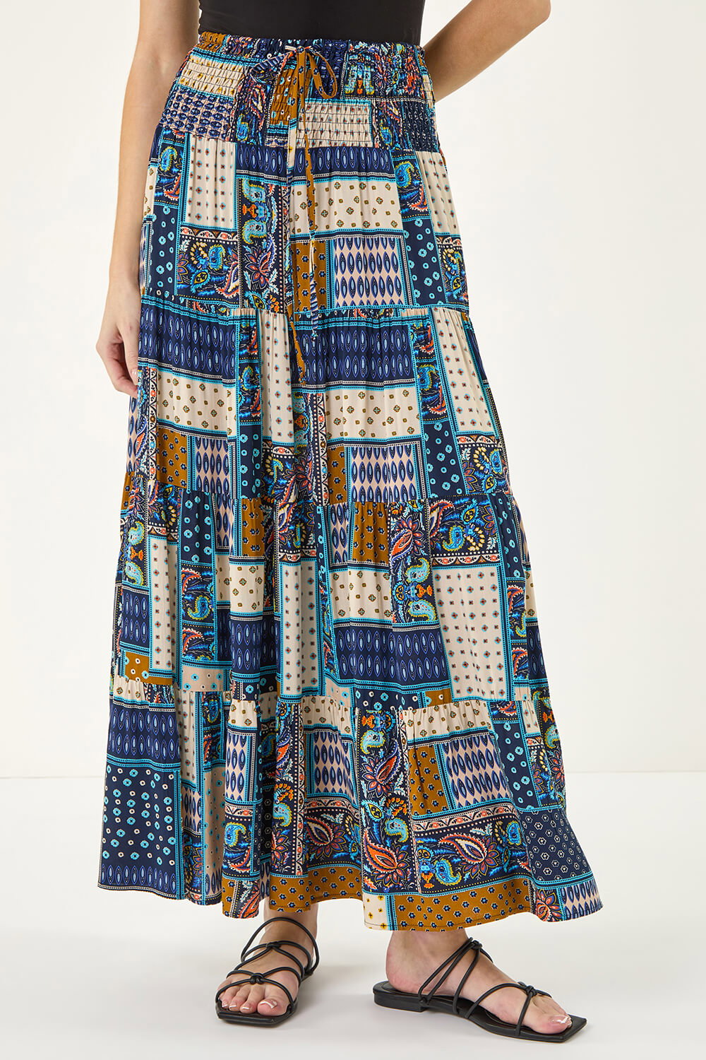 Roman Women's Blue Paisley Print Shirred Maxi Skirt Size 18