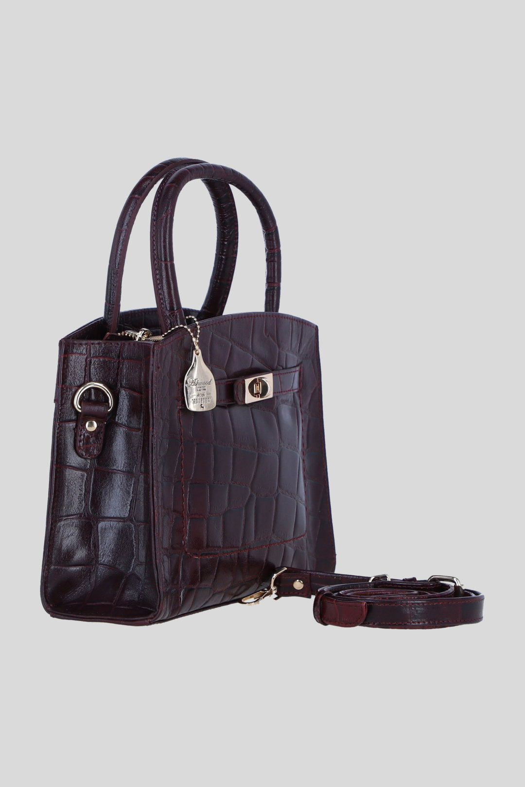 Wine Genuine Leather Structured Handbag with Detachable Crossbody Strap, Image 4 of 4