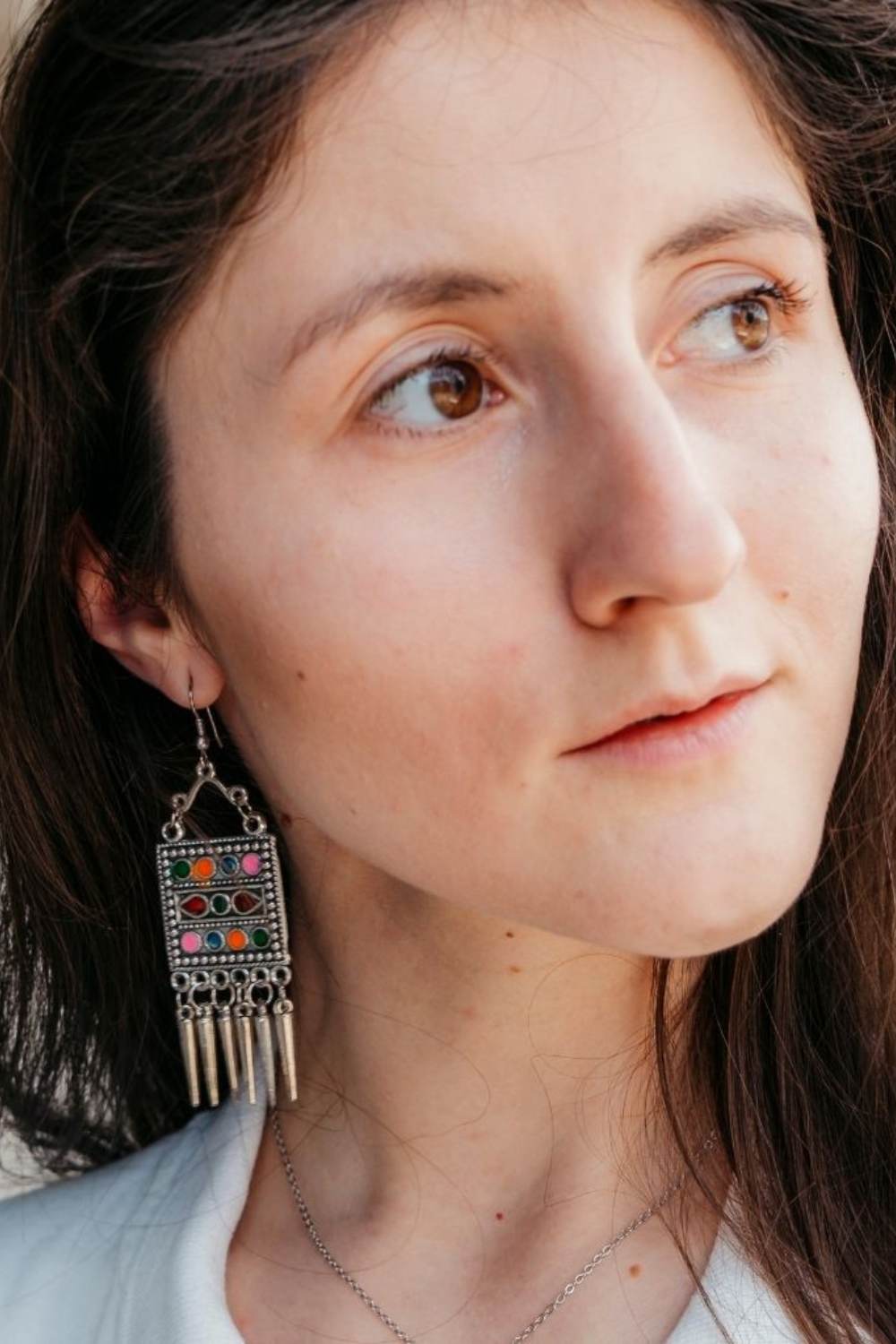 Maroon Oxidised Colourful Enamel Square Indian Boho Drop Earrings, Image 2 of 3