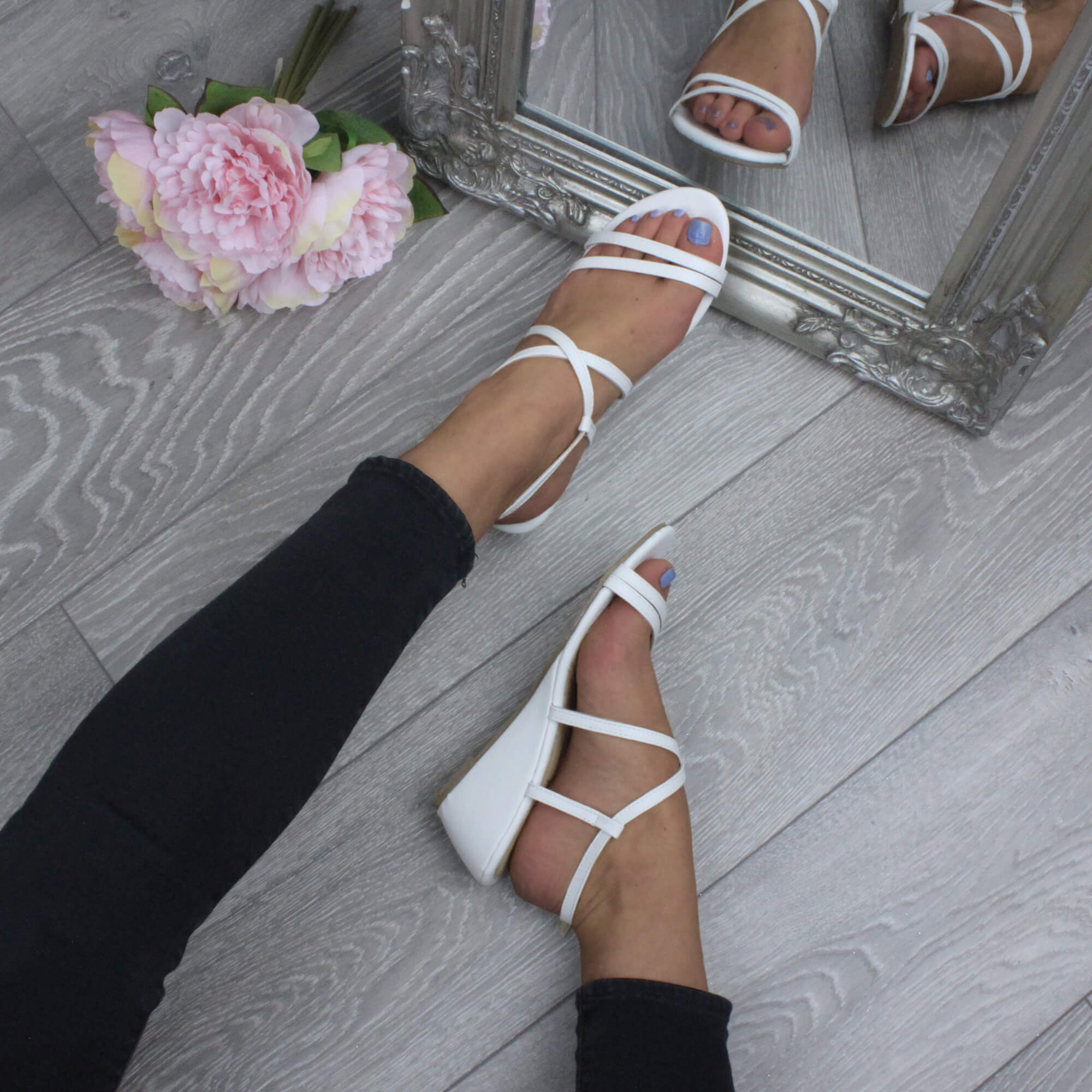 White AJVANI White Mid Wedge Heel Crossed Straps Sandals, Image 5 of 6