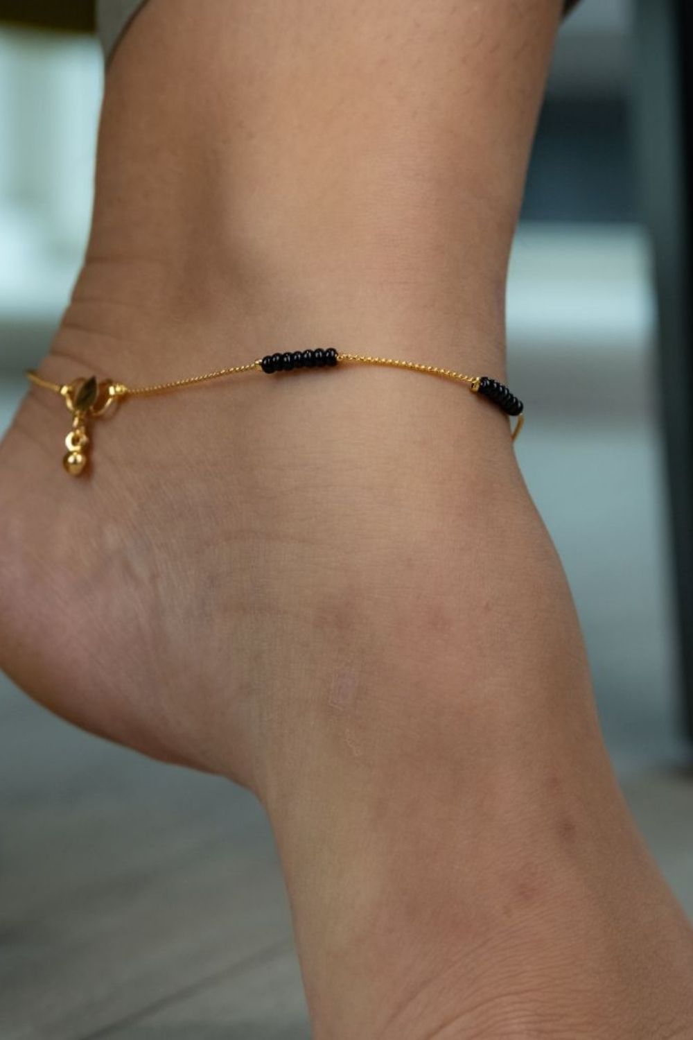 Gold Golden Brass Black Pearl Minimalist Thin Slim Foot Payal Anklet, Image 2 of 2