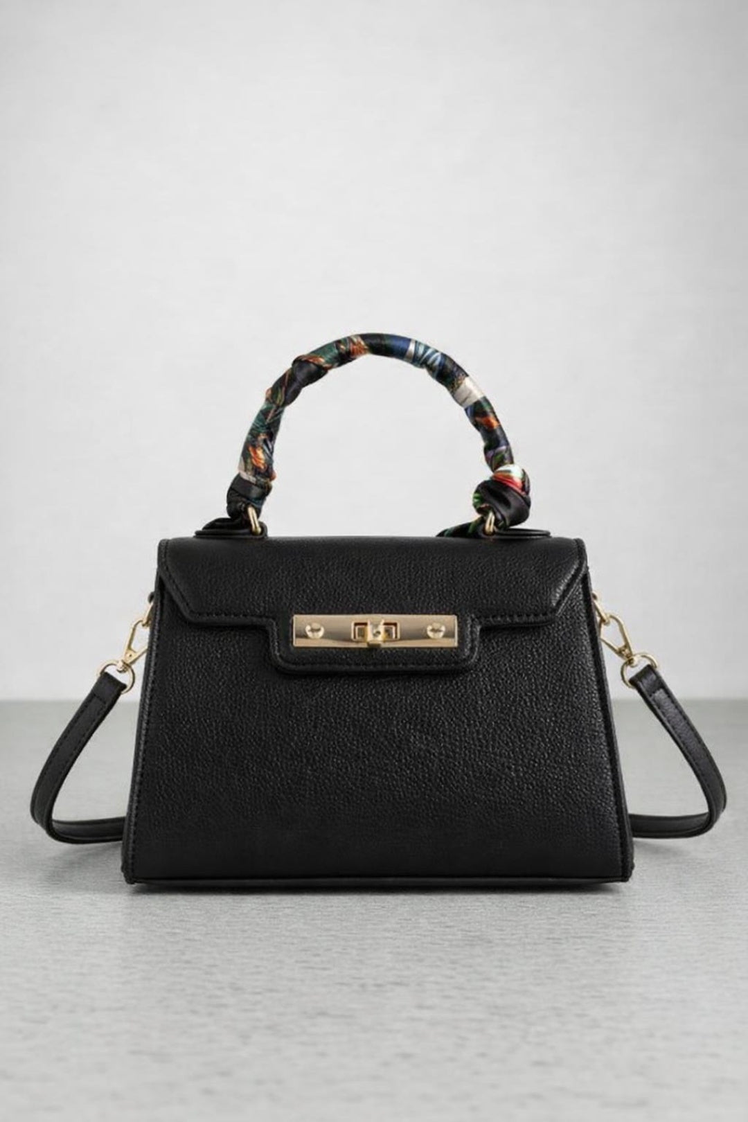 Black Small Crossbody Bag With Scarf Handle